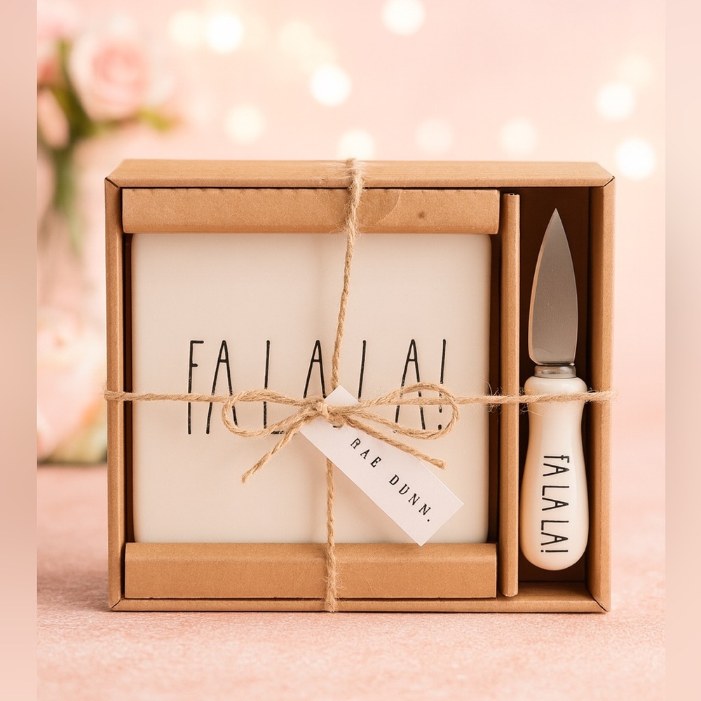 Rae Dunn Christmas Cheese Board & Spreader Knife Set “Fa La La” Holiday Gift